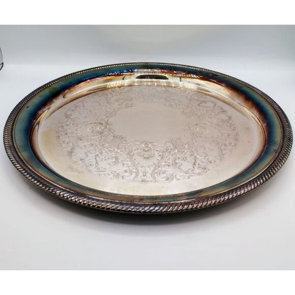 Serving Tray Vintage Castleton Round Plate Etched Patina International Silver Co - Picture 4 of 16